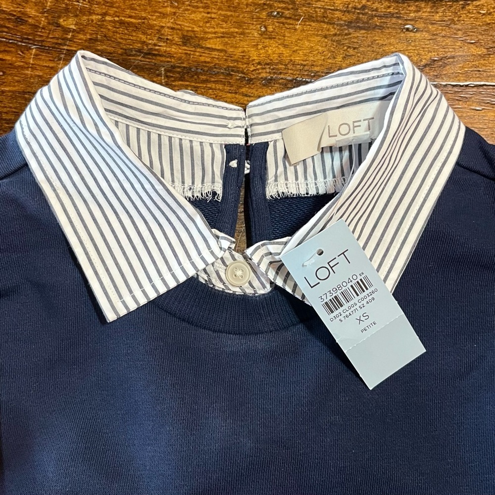 Loft Mixed Media Sweatshirt Women XS Petite Navy Striped Layered Preppy Classic - Picture 8 of 12